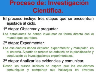 Proceso de: Investigación
          Científica.
El proceso incluye tres etapas que se encuentran
  ajustada al ciclo.
1ª etapa: Observar y preguntar.
Los estudiantes se deben involucrar en forma directa con el
  mundo que los rodea.
2ª etapa: Experimentar.
Los estudiantes deben explorar, experimentar y manipular en
  el entorno. A partir de tercero se enfatiza en la planificación y
  conducción de investigaciones experimentales.
3ª etapa: Analizar las evidencias y comunicar.
Desde los cursos iniciales se espera que los estudiantes
  comuniquen y compartan sus hallazgos en diversos
 