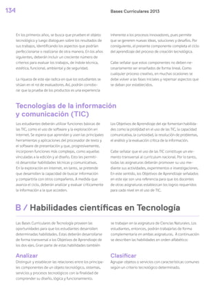 Bases Curriculares 2013134
Clasificar
Agrupar objetos o servicios con características comunes
según un criterio tecnológico determinado.
En los primeros años, se busca que prueben el objeto
tecnológico y luego dialoguen sobre los resultados de
sus trabajos, identificando los aspectos que podrían
perfeccionarse o realizarse de otra manera. En los años
siguientes, deberán incluir un creciente número de
criterios para evaluar los trabajos, de índole técnica,
estética, funcional, ambiental y de seguridad.
La riqueza de este eje radica en que los estudiantes se
sitúan en el rol de evaluadores. Así, podrán corrobo-
rar que la prueba de los productos es una experiencia
inherente a los procesos innovadores, pues permite
que se generen nuevas ideas, soluciones y desafíos. Por
consiguiente, el presente componente completa el ciclo
del aprendizaje del proceso de creación tecnológica.
Cabe señalar que estos componentes no deben ne-
cesariamente ser enseñados de forma lineal. Como
cualquier proceso creativo, en muchas ocasiones se
debe volver a las fases iniciales y repensar aspectos que
se daban por establecidos.
Tecnologías de la información
y comunicación (TIC)
Los estudiantes deberán utilizar funciones básicas de
las TIC, como el uso de software y la exploración en
internet. Se espera que aprendan y usen las principales
herramientas y aplicaciones del procesador de texto y
el software de presentación y que, progresivamente,
incorporen funciones más complejas, como aquellas
vinculadas a la edición y al diseño. Esto les permiti-
rá desarrollar habilidades técnicas y comunicativas.
En la exploración en internet, en tanto, se pretende
que desarrollen la capacidad de buscar información
y compartirla con otros compañeros. A medida que
avanza el ciclo, deberán analizar y evaluar críticamente
la información a la que acceden.
Los Objetivos de Aprendizaje del eje fomentan habilida-
des como la prolijidad en el uso de las TIC, la capacidad
comunicativa, la curiosidad, la resolución de problemas,
el análisis y la evaluación crítica de la información.
Cabe señalar que el uso de las TIC constituye un ele-
mento transversal al currículum nacional. Por lo tanto,
todas las asignaturas deberán promover su uso me-
diante sus actividades, experimentos e investigaciones.
En este sentido, los Objetivos de Aprendizaje señalados
en este eje son una referencia para que los docentes
de otras asignaturas establezcan los logros requeridos
para cada nivel en el uso de TIC.
B / Habilidades científicas en Tecnología
Las Bases Curriculares de Tecnología proveen las
oportunidades para que los estudiantes desarrollen
determinadas habilidades. Estas deberán desarrollarse
de forma transversal a los Objetivos de Aprendizaje de
los dos ejes. Gran parte de estas habilidades también
Analizar
Distinguir y establecer las relaciones entre los principa-
les componentes de un objeto tecnológico, sistemas,
servicios y procesos tecnológicos con la finalidad de
comprender su diseño, lógica y funcionamiento.
se trabajan en la asignatura de Ciencias Naturales. Los
estudiantes, entonces, podrán trabajarlas de forma
complementaria en ambas asignaturas. A continuación
se describen las habilidades en orden alfabético:
 