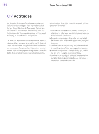 Bases Curriculares 2013136
Las Bases Curriculares de Tecnología promueven un
conjunto de actitudes para todo el ciclo básico, que
derivan de los Objetivos de Aprendizaje Transversales
(OAT). Dada su relevancia en el aprendizaje, ellas se
deben desarrollar de manera integrada con los conoci-
mientos y las habilidades de la asignatura.
Las actitudes aquí definidas son Objetivos de Aprendi-
zaje que deben promoverse para la formación integral
de los estudiantes en la asignatura. Los establecimien-
tos pueden planificar, organizar, desarrollar y comple-
mentar las actitudes propuestas según sean las necesi-
dades de su propio proyecto y su realidad educativa.
Las actitudes a desarrollar en la asignatura de Tecnolo-
gía son las siguientes:
a Demostrar curiosidad por el entorno tecnológico y
disposición a informarse y explorar sus diversos usos,
funcionamiento y materiales.
b Demostrar disposición a desarrollar su creatividad,
experimentando, imaginando y pensando divergen-
temente.
c Demostrar iniciativa personal y emprendimiento en
la creación y el diseño de tecnologías innovadoras.
d Demostrar disposición a trabajar en equipo, colabo-
rar con otros y aceptar consejos y críticas.
e Demostrar un uso seguro y responsable de internet,
cumpliendo las reglas entregadas por el profesor y
respetando los derechos de autor.
C / Actitudes
 