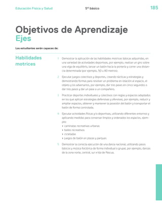 Educación Física y Salud 185
Habilidades
motrices
1 Demostrar la aplicación de las habilidades motrices básicas adquiridas, en
una variedad de actividades deportivas, por ejemplo, realizar un giro sobre
una viga de equilibrio, lanzar un balón hacia la portería y correr una distan-
cia determinada (por ejemplo, 50 u 80 metros).
2 Ejecutar juegos colectivos y deportes, creando tácticas y estrategias y
demostrando formas para resolver un problema en relación al espacio, el
objeto y los adversarios, por ejemplo, dar tres pases en cinco segundos o
dar tres pasos y dar un pase a un compañero.
3 Practicar deportes individuales y colectivos con reglas y espacios adaptados
en los que aplican estrategias defensivas y ofensivas, por ejemplo, reducir y
ampliar espacios, obtener y mantener la posesión del balón y transportar el
balón de forma controlada.
4 Ejecutar actividades físicas y/o deportivas, utilizando diferentes entornos y
aplicando medidas para conservar limpios y ordenados los espacios, ejem-
plo:
› caminatas recreativas urbanas
› bailes recreativos
› cicletadas
› juegos de balón en plazas y parques
5 Demostrar la correcta ejecución de una danza nacional, utilizando pasos
básicos y música folclórica de forma individual o grupal, por ejemplo, danzas
de la zona norte, central, sur e Isla de Pascua.
Objetivos de Aprendizaje
Ejes
Los estudiantes serán capaces de:
5º básico
 