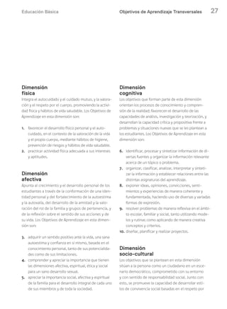 Educación Básica 27
Dimensión
física
Integra el autocuidado y el cuidado mutuo, y la valora-
ción y el respeto por el cuerpo, promoviendo la activi-
dad física y hábitos de vida saludable. Los Objetivos de
Aprendizaje en esta dimensión son:
1. favorecer el desarrollo físico personal y el auto-
cuidado, en el contexto de la valoración de la vida
y el propio cuerpo, mediante hábitos de higiene,
prevención de riesgos y hábitos de vida saludable.
2. practicar actividad física adecuada a sus intereses
y aptitudes.
Dimensión
afectiva
Apunta al crecimiento y el desarrollo personal de los
estudiantes a través de la conformación de una iden-
tidad personal y del fortalecimiento de la autoestima
y la autovalía, del desarrollo de la amistad y la valo-
ración del rol de la familia y grupos de pertenencia, y
de la reflexión sobre el sentido de sus acciones y de
su vida. Los Objetivos de Aprendizaje en esta dimen-
sión son:
3. adquirir un sentido positivo ante la vida, una sana
autoestima y confianza en sí mismo, basada en el
conocimiento personal, tanto de sus potencialida-
des como de sus limitaciones.
4. comprender y apreciar la importancia que tienen
las dimensiones afectiva, espiritual, ética y social
para un sano desarrollo sexual.
5. apreciar la importancia social, afectiva y espiritual
de la familia para el desarrollo integral de cada uno
de sus miembros y de toda la sociedad.
Dimensión
cognitiva
Los objetivos que forman parte de esta dimensión
orientan los procesos de conocimiento y compren-
sión de la realidad; favorecen el desarrollo de las
capacidades de análisis, investigación y teorización, y
desarrollan la capacidad crítica y propositiva frente a
problemas y situaciones nuevas que se les plantean a
los estudiantes. Los Objetivos de Aprendizaje en esta
dimensión son:
6. identificar, procesar y sintetizar información de di-
versas fuentes y organizar la información relevante
acerca de un tópico o problema.
7. organizar, clasificar, analizar, interpretar y sinteti-
zar la información y establecer relaciones entre las
distintas asignaturas del aprendizaje.
8. exponer ideas, opiniones, convicciones, senti-
mientos y experiencias de manera coherente y
fundamentada, haciendo uso de diversas y variadas
formas de expresión.
9. resolver problemas de manera reflexiva en el ámbi-
to escolar, familiar y social, tanto utilizando mode-
los y rutinas como aplicando de manera creativa
conceptos y criterios.
10. diseñar, planificar y realizar proyectos.
Dimensión
socio-cultural
Los objetivos que se plantean en esta dimensión
sitúan a la persona como un ciudadano en un esce-
nario democrático, comprometido con su entorno
y con sentido de responsabilidad social. Junto con
esto, se promueve la capacidad de desarrollar esti-
los de convivencia social basadas en el respeto por
Objetivos de Aprendizaje Transversales
 