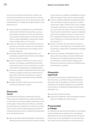 28 Bases Curriculares 2013
el otro y en la resolución pacífica de conflictos, así
como el conocimiento y la valoración de su entorno
social, de los grupos en los que se desenvuelven y del
medioambiente. Los Objetivos de Aprendizaje en esta
dimensión son:
11. valorar la vida en sociedad como una dimensión
esencial del crecimiento de la persona, y actuar
de acuerdo con valores y normas de convivencia
cívica, pacífica y democrática, conociendo sus de-
rechos y responsabilidades, y asumiendo compro-
misos consigo mismo y con los otros.
12. valorar el compromiso en las relaciones entre las
personas y al acordar contratos: en la amistad, en
el amor, en el matrimonio, en el trabajo y al em-
prender proyectos.
13. participar solidaria y responsablemente en las
actividades y proyectos de la familia, del estableci-
miento y de la comunidad.
14. conocer y valorar la historia y sus actores, las tra-
diciones, los símbolos, el patrimonio territorial y
cultural de la nación, en el contexto de un mundo
crecientemente globalizado e interdependiente.
15. reconocer y respetar la igualdad de derechos entre
hombres y mujeres y apreciar la importancia de
desarrollar relaciones que potencien su partici-
pación equitativa en la vida económica familiar,
social y cultural.
16. proteger el entorno natural y sus recursos como
contexto de desarrollo humano.
Dimensión
moral
Esta dimensión promueve el desarrollo moral, de
manera que los estudiantes sean capaces de formular
un juicio ético acerca de la realidad, situándose en ella
como sujetos morales. Para estos efectos, contempla
el conocimiento y la adhesión a los derechos humanos
como criterios éticos fundamentales que orientan la
conducta personal y social. Los Objetivos de Aprendiza-
je en esta dimensión son:
17. ejercer de modo responsable grados crecientes de
libertad y autonomía personal, de acuerdo a valores
como la justicia, la verdad, la solidaridad y la hones-
tidad, el respeto, el bien común y la generosidad.
18. conocer, respetar y defender la igualdad de dere-
chos esenciales de todas las personas, sin distin-
ción de sexo, edad, condición física, etnia, religión
o situación económica, y actuar en concordancia
con el principio ético que reconoce que todos los
“seres humanos nacen libres e iguales en dignidad
y derechos y, dotados de razón y conciencia, de-
ben comportarse fraternalmente los unos con los
otros” (Declaración Universal de Derechos Huma-
nos, Artículo 1º).
19. valorar el carácter único de cada ser humano y,
por lo tanto, la diversidad que se manifiesta entre
las personas, y desarrollar la capacidad de empatía
con los otros.
20. reconocer y respetar la diversidad cultural, reli-
giosa y étnica y las ideas y creencias distintas de
las propias en los espacios escolares, familiares
y comunitarios, reconociendo el diálogo como
fuente de crecimiento, superación de diferencias y
acercamiento a la verdad.
Dimensión
espiritual
Esta dimensión promueve la reflexión sobre la exis-
tencia humana, su sentido, finitud y trascendencia,
de manera que los estudiantes comiencen a buscar
respuestas a las grandes preguntas que acompañan
al ser humano. Los Objetivos de Aprendizaje en esta
dimensión son:
21. reconocer la finitud humana.
22. reconocer y reflexionar sobre la dimensión trascen-
dente y/o religiosa de la vida humana.
Proactividad
y trabajo
Los objetivos de esta dimensión aluden a las actitudes
hacia el trabajo que se espera que los estudiantes
desarrollen, así como a las disposiciones y formas de
involucrarse en las actividades en las que participan.
Por medio de ellos se favorece el reconocimiento y
 