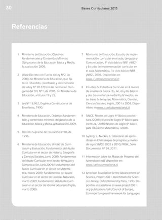 30 Bases Curriculares 2013Bases Curriculares 201330
Referencias
1 Ministerio de Educación; Objetivos
Fundamentales y Contenidos Mínimos
Obligatorios de la Educación Básica y Media,
Actualización 2009.
2 Véase Decreto con Fuerza de Ley N°2, de
2009, del Ministerio de Educación, que fija
texto refundido, coordinado y sistematizado
de la Ley N° 20.370 con las normas no dero-
gadas del DFL N°1, de 2005, del Ministerio de
Educación, artículos 19 y 29.
3 Ley Nº 18.962, Orgánica Constitucional de
Enseñanza, 1990.
4 Ministerio de Educación, Objetivos fundamen-
tales y contenidos mínimos obligatorios de la
Educación Básica y Media, Actualización 2009.
5 Decreto Supremo de Educación N°40, de
1996.
6 Ministerio de Educación, Unidad de Currí-
culum y Evaluación, Fundamentos del Ajuste
Curricular en el sector de Historia, Geografía
y Ciencias Sociales, junio 2009; Fundamentos
del Ajuste Curricular en el sector Lenguaje y
Comunicación, junio2009; Fundamentos del
Ajuste Curricular en el sector de Matemá-
tica, marzo 2009; Fundamentos del Ajuste
Curricular en el sector de Ciencias Naturales,
marzo 2009; Fundamentos del Ajuste Curri-
cular en el sector de Idioma Extranjero Inglés,
marzo 2009.
7 Ministerio de Educación, Estudio de imple-
mentación curricular en el aula, Lenguaje y
Comunicación, 1º ciclo básico (NB1 yNB2)
y Estudio de implementación curricular en
el aula, Matemática, 1o ciclo básico (NB1
yNB2), 2004. Disponibles en
www. curriculumnacional.cl
8 Estudios de Cobertura Curricular en 4 niveles
de enseñanza básica (2o, 4o, 6o y 8o básico)
y dos de enseñanza media (II y IV medio), en
las áreas de Lenguaje, Matemática, Ciencias,
Ciencias Sociales, Inglés, 2001 a 2003. Dispo-
nibles en www. curriculumnacional.cl
9 SIMCE, Niveles de Logro 4° Básico para lec-
tura, (2008); Niveles de Logro 4° Básico para
escritura, (2010) Niveles de Logro 4° Básico
para Educación Matemática, (2008).
10 Gysling, J.; Meckes, L. Estándares de apren-
dizaje en Chile: mapas de progreso y niveles
de logro SIMCE 2002 a 2010; PREAL, Serie
Documentos N° 54, 2011.
11 Información sobre los Mapas de Progreso del
Aprendizaje está disponible en:
www.curriculumnacional.cl
12 American Association for the Advancement of
Science, Project 2061, Benchmarks for Scien-
ce Literacy, Oxford University Press, 1993. Dis-
ponible en castellano en www.project2061.
org/publications/bsl/; Council of Europe,
Common European Framework for Languages:
 