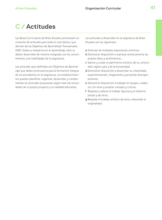Artes Visuales 41Organización Curricular
C / Actitudes
Las Bases Curriculares de Artes Visuales promueven un
conjunto de actitudes para todo el ciclo básico, que
derivan de los Objetivos de Aprendizaje Transversales
(OAT). Dada su relevancia en el aprendizaje, ellas se
deben desarrollar de manera integrada con los conoci-
mientos y las habilidades de la asignatura.
Las actitudes aquí definidas son Objetivos de Aprendi-
zaje que deben promoverse para la formación integral
de los estudiantes en la asignatura. Los establecimien-
tos pueden planificar, organizar, desarrollar y comple-
mentar las actitudes propuestas según sean las necesi-
dades de su propio proyecto y su realidad educativa.
Las actitudes a desarrollar en la asignatura de Artes
Visuales son las siguientes:
a Disfrutar de múltiples expresiones artísticas.
b Demostrar disposición a expresar artísticamente las
propias ideas y sentimientos.
c Valorar y cuidar el patrimonio artístico de su comuni-
dad, región, país y de la humanidad.
d Demostrar disposición a desarrollar su creatividad,
experimentando, imaginando y pensando divergen-
temente.
e Demostrar disposición a trabajar en equipo, colabo-
rar con otros y aceptar consejos y críticas.
f Respetar y valorar el trabajo riguroso y el esfuerzo
propio y de otros.
g Respetar el trabajo artístico de otros, valorando la
originalidad.
 