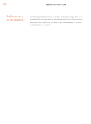 Bases Curriculares 201386
Reflexionar y
contextualizar
7 Identificar y describir experiencias musicales y sonoras en su propia vida y en la
sociedad (celebraciones, reuniones, festividades, situaciones cotidianas u otros).
8 Reflexionar sobre sus fortalezas y las áreas en que pueden mejorar su audición,
su interpretación y su creación.
 