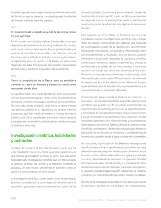 130 Bases Curriculares 2015 | 7° básico a 2° medio | Ciencias Naturales
ni se destruye, solo puede experimentar transformaciones entre
las formas en que se presenta. La energía puede transferirse
de diversas maneras entre los cuerpos.
GI.7
El movimiento de un objeto depende de las interacciones
en que participa.
En el mundo microscópico existen fuerzas eléctricas que
determinan el movimiento de átomos y moléculas. En cambio,
en el mundo macroscópico existen fuerzas gravitacionales que
explican el movimiento de estrellas o de planetas, como la
fuerza que ejerce la Tierra en todos los cuerpos que la rodean,
atrayéndolos hacia su centro. En la Tierra, los seres vivos
dependen de estas interacciones para realizar intercambios
de partículas y mantener el equilibrio del ecosistema.
GI.8
Tanto la composición de la Tierra como su atmósfera
cambian a través del tiempo y tienen las condiciones
necesarias para la vida.
La superficie de la Tierra recibe la radiación solar, que provoca
efectos determinantes para el clima, como el calentamiento
del suelo y corrientes en las aguas oceánicas y en la atmósfera.
Por otro lado, desde el interior de la Tierra, se libera energía
que provoca cambios en su capa sólida. Los cambios internos
y externos, que han estado presentes a lo largo de toda la
historia de la Tierra, contribuyen a formar el relieve terrestre
y los gases de su atmósfera, y satisfacen las condiciones para
la existencia de la vida.
Investigación científica, habilidades
y actitudes
Las Bases Curriculares de Ciencias Naturales buscan que los
y las estudiantes conozcan, desde su propia experiencia, lo
que implica la actividad científica; es decir, que adquieran
habilidades de investigación científica que son transversales
al ejercicio de todas las ciencias y se obtienen mediante la
práctica. De este modo comprenderán también cómo se
genera el conocimiento científico actual.
La investigación científica, cuando se efectúa de forma integral,
permite la comprensión y contribuye a la reflexión sobre lo
aprendido, generando nuevos conocimientos a partir de los
conceptos previos. Cuando las y los estudiantes trabajan de
modo similar al de los científicos y las científicas, comprenden
las etapas del proceso de investigación, desde su planificación
hasta la obtención de evidencias para explicar fenómenos en
estudio.
Para lograrlo, en estas Bases se fomenta que los y las
estudiantes realicen investigaciones científicas que cumplan
todas las etapas, comenzando por elaborar una pregunta
de investigación a partir de la observación, para terminar
formulando conclusiones, y evaluando y reflexionando sobre
sus procedimientos y resultados. En este proceso, podrán
enfrentarse a situaciones habituales de la práctica científica,
como buscar evidencia, replicar experimentos, evaluar la
confiabilidad y la validez de sus instrumentos, o contrastar
hipótesis de trabajo con evidencias obtenidas, entre otras.
Asimismo, es importante considerar que las tecnologías de la
información y la comunicación (TIC) son valiosas herramientas
de apoyo para la o el estudiante en las diferentes etapas,
especialmente para la recolección, el procesamiento y la
comunicación de las evidencias obtenidas.
A nivel escolar, hacer ciencia se traduce en construir —o
reconstruir—losconceptoscientíficosapartirdeinvestigaciones
científicas que pueden ser de naturaleza experimental, no
experimental o documental, entre otras. La experimentación
y el modelaje se usan para desarrollar y evaluar explicaciones,
y a la vez incentivan el pensamiento crítico y creativo. Los y las
estudiantes aprenden cómo el conocimiento y su comprensión
están ligados a la evidencia. Además, descubren cómo las ideas
científicas contribuyen a cambios tecnológicos que afectan la
fabricación de los recursos, la medicina y la calidad de vida de
las personas, y pueden ayudar a lograr un desarrollo sustentable.
Por otra parte, la participación en diferentes investigaciones
científicas ofrece a las y los estudiantes oportunidades para que
reflexionensobrelaspreguntasinicialesqueseplantearon,loque
buscaron y cómo utilizaron las evidencias, y para que debatan
con otros, desarrollando así una mejor comprensión. Se debe
dar importancia a la actividad mental y a la manipulación física
durante la experimentación. También durante la investigación,
esrelevanteconsiderarlaparticipacióncolaborativadehombres
y mujeres, y el intercambio de roles en los equipos de trabajo.
MuchasdelashabilidadespropuestasenestasBasesCurriculares
se practican también en otras áreas del conocimiento,
 