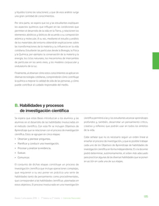 135
Bases Curriculares 2015 | 7° básico a 2° medio | Ciencias Naturales
y líquidos (como las soluciones), y que de esos análisis surge
una gran cantidad de conocimientos.
Por otra parte, se espera que los y las estudiantes expliquen
los aspectos químicos que influyen en las condiciones que
permiten el desarrollo de la vida en la Tierra, y relacionen los
elementos abióticos y bióticos de acuerdo a su composición
atómica y molecular. A su vez, mediante el estudio y análisis
de los materiales del entorno obtendrán explicaciones sobre
las transformaciones de la materia y su influencia en la vida
cotidiana. Estudiarán las partículas desde la Biología, la Física
y la Química; por ejemplo: la conservación de la materia y la
energía, los ciclos naturales, los mecanismos de intercambio
de partículas en los seres vivos, y los modelos corpuscular y
ondulatorio de la luz.
Finalmente,alobservarcómoestosconocimientosseaplicanen
diversastecnologíascotidianas,comprenderáncómocontribuye
la química a mejorar la calidad de vida de las personas, y cómo
puede contribuir al cuidado responsable del medio.
B. Habilidades y procesos
de investigación científica
Se espera que estas Bases introduzcan a los alumnos y las
alumnas en el desarrollo de las habilidades involucradas en
el método científico. Con este fin se incluyen Objetivos de
Aprendizaje que se relacionan con el proceso de investigación
científica. Estos se agrupan en cinco etapas:
• Observar y plantear preguntas.
• Planificar y conducir una investigación.
• Procesar y analizar la evidencia.
• Evaluar.
• Comunicar.
El conjunto de dichas etapas constituye un proceso de
investigación científica que incluye operaciones complejas,
que requieren a su vez poner en práctica una serie de
habilidades tanto de pensamiento como procedimentales,
que corresponden a las habilidades científicas plasmadas en
estos objetivos. El proceso involucrado en una investigación
científica permitirá a las y los estudiantes alcanzar aprendizajes
profundos y, también, desarrollar un pensamiento crítico,
creativo y reflexivo que podrán usar en todos los ámbitos
de la vida.
Cabe señalar que no es necesario seguir un orden lineal al
enseñar el proceso de investigación, y que es posible trabajar
cada uno de los Objetivos de Aprendizaje de habilidades de
investigación científica en forma independiente. El o la docente
podrá determinar, autónomamente, el orden más adecuado
para practicar algunas de las diversas habilidades que se ponen
en acción en cada una de sus etapas.
 