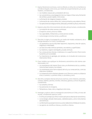159
Bases Curriculares 2015 | 7° básico a 2° medio | Ciencias Naturales
11. Explicar fenómenos luminosos, como la reflexión, la refracción, la interferencia
y el efecto Doppler, entre otros, por medio de la experimentación y el uso de
modelos, considerando:
• Los modelos corpuscular y ondulatorio de la luz.
• Las características y la propagación de la luz (viaja en línea recta, formación
de sombras y posee rapidez, entre otras).
• La formación de imágenes (espejos y lentes).
• La formación de colores (difracción, colores primarios y secundarios, filtros).
• Susaplicacionestecnológicas(lentes,telescopio,prismáticosyfocos,entreotros).
12. Explorar y describir el funcionamiento del oído y del ojo humano, considerando:
• La recepción de ondas sonoras y luminosas.
• El espectro sonoro y de la luz visible.
• Sus capacidades, limitaciones y consecuencias sociales.
• La tecnología correctiva (lentes y audífonos).
13. Describir el origen y la propagación, por medio del modelo ondulatorio, de la
energía liberada en un sismo, considerando:
• Los parámetros que las describen (epicentro, hipocentro, área de ruptura,
magnitud e intensidad).
• Los tipos de ondas sísmicas (primarias, secundarias y superficiales).
• Su medición y registro (sismógrafo y escalas sísmicas).
• Sus consecuencias directas e indirectas en la superficie de la Tierra (como
tsunamis) y en la sociedad.
• Su importancia en geología, por ejemplo, en el estudio de la estructura
interna de la Tierra.
14. Crear modelos que expliquen los fenómenos astronómicos del sistema solar
relacionados con:
• Los movimientos del sistema Tierra-luna y los fenómenos de luz y sombra,
como las fases lunares y los eclipses.
• Los movimientos de la tierra respecto del sol y sus consecuencias, como las
estaciones climáticas.
• La comparación de los distintos planetas con la Tierra en cuanto a su distancia
al sol, su tamaño, su período orbital, su atmósfera y otros.
15. Describir y comparar diversas estructuras cósmicas, como meteoros, asteroides,
cometas, satélites, planetas, estrellas, nebulosas, galaxias y cúmulo de galaxias,
considerando:
• Sus tamaños y formas.
• Sus posiciones en el espacio.
• Temperatura, masa, color y magnitud, entre otros.
16. Investigar y explicar sobre la investigación astronómica en Chile y el resto del
mundo, considerando aspectos como:
• El clima y las ventajas que ofrece nuestro país para la observación astronómica.
• La tecnología utilizada (telescopios, radiotelescopios y otros instrumentos
astronómicos).
• La información que proporciona la luz y otras radiaciones emitidas por los astros.
• Los aportes de científicas chilenas y científicos chilenos.
 