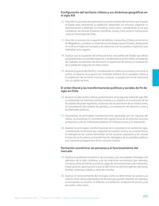 205
Bases Curriculares 2015 | 7° básico a 2° medio | Historia, Geografía y Ciencias Sociales
Configuración del territorio chileno y sus dinámicas geográficas en
el siglo XIX
12. Describir los procesos de exploración y reconocimiento del territorio que impulsó
el Estado para caracterizar su población, desarrollar sus recursos, organizar su
administración y delimitar sus fronteras, entre otros, considerando el rol que
cumplieron las ciencias (misiones científicas, censos, entre otros) e instituciones
como la Universidad de Chile.
13. Describir el proceso de ocupación de Valdivia, Llanquihue, Chiloé y el estrecho
de Magallanes, y analizar su importancia estratégica para el Estado, destacando
el rol de la inmigración europea y las relaciones con los pueblos originarios que
habitaban esos lugares.
14. Explicar que la ocupación de la Araucanía fue una política de Estado que afectó
profundamentealasociedadmapuche,considerandolaacciónmilitar,lafundación
de ciudades, la extensión del ferrocarril, la repartición de tierras y la reubicación
de la población mapuche en reducciones.
15. Analizar la guerra del Pacífico considerando el conflicto económico en torno al
salitre, el impacto de la guerra en múltiples ámbitos de la sociedad chilena y
la ampliación del territorio nacional, y evaluar su proyección en las relaciones
con los países vecinos.
El orden liberal y las transformaciones políticas y sociales de fin de
siglo en Chile
16. Analizar el orden político liberal y parlamentario de la segunda mitad del siglo XIX,
considerando las reformas constitucionales y su impacto en el aumento de las
facultades del poder legislativo, el proceso de secularización de las instituciones,
la consolidación del sistema de partidos, y la ampliación del derecho a voto y
las libertades públicas.
17. Caracterizar las principales transformaciones generadas por las riquezas del
salitre, reconociendo el crecimiento del ingreso fiscal de los distintos sectores
productivos y de las inversiones públicas en infraestructura y en educación.
18. Analizar las principales transformaciones de la sociedad en el cambio de siglo,
considerando los factores que originaron la cuestión social y sus características,
la emergencia de nuevas demandas de los sectores populares y las nuevas
formas de lucha obrera, la transformación ideológica de los partidos políticos
y el creciente protagonismo de los sectores medios.
Formación económica: las personas y el funcionamiento del
mercado
19. Explicar el problema económico de la escasez y las necesidades ilimitadas con
ejemplos de la vida cotidiana, y de las relaciones económicas (por ejemplo,
compra y venta de bienes y servicios, pago de remuneraciones y de impuestos,
importaciones-exportacione s) que se dan entre los distintos agentes (personas,
familias, empresas, Estado y resto del mundo).
20. Explicar el funcionamiento del mercado (cómo se determinan los precios y la
relación entre oferta y demanda) y los factores que pueden alterarlo: por ejemplo,
el monopolio, la colusión, la inflación y la deflación, la fijación de precios y de
aranceles, entre otros.
 