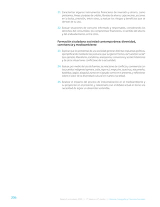 206
Bases Curriculares 2015 | 7° básico a 2° medio | Historia, Geografía y Ciencias Sociales
21. Caracterizar algunos instrumentos financieros de inversión y ahorro, como
préstamos, líneas y tarjetas de crédito, libretas de ahorro, cajas vecinas, acciones
en la bolsa, previsión, entre otros, y evaluar los riesgos y beneficios que se
derivan de su uso.
22. Evaluar situaciones de consumo informado y responsable, considerando los
derechos del consumidor, los compromisos financieros, el sentido del ahorro
y del endeudamiento, entre otros.
Formación ciudadana: sociedad contemporánea: diversidad,
convivencia y medioambiente
23. Explicar que los problemas de una sociedad generan distintas respuestas políticas,
ejemplificando mediante las posturas que surgieron frente a la “cuestión social”
(por ejemplo, liberalismo, socialismo, anarquismo, comunismo y socialcristianismo)
y de otras situaciones conflictivas de la actualidad.
24. Evaluar, por medio del uso de fuentes, las relaciones de conflicto y convivencia con
los pueblos indígenas (aymara, colla, rapa nui, mapuche, quechua, atacameño,
kawéskar, yagán, diaguita), tanto en el pasado como en el presente, y reflexionar
sobre el valor de la diversidad cultural en nuestra sociedad.
25. Analizar el impacto del proceso de industrialización en el medioambiente y
su proyección en el presente, y relacionarlo con el debate actual en torno a la
necesidad de lograr un desarrollo sostenible.
 