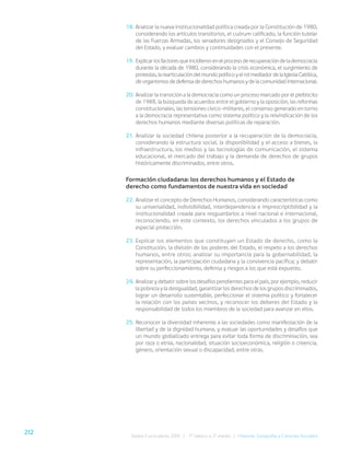 212
Bases Curriculares 2015 | 7° básico a 2° medio | Historia, Geografía y Ciencias Sociales
18. Analizar la nueva institucionalidad política creada por la Constitución de 1980,
considerando los artículos transitorios, el cuórum calificado, la función tutelar
de las Fuerzas Armadas, los senadores designados y el Consejo de Seguridad
del Estado, y evaluar cambios y continuidades con el presente.
19. Explicarlosfactoresqueincidieronenelprocesoderecuperacióndelademocracia
durante la década de 1980, considerando la crisis económica, el surgimiento de
protestas,larearticulacióndelmundopolíticoyelrolmediadordelaIglesiaCatólica,
de organismos de defensa de derechos humanos y de la comunidad internacional.
20. Analizar la transición a la democracia como un proceso marcado por el plebiscito
de 1988, la búsqueda de acuerdos entre el gobierno y la oposición, las reformas
constitucionales, las tensiones cívico-militares, el consenso generado en torno
a la democracia representativa como sistema político y la reivindicación de los
derechos humanos mediante diversas políticas de reparación.
21. Analizar la sociedad chilena posterior a la recuperación de la democracia,
considerando la estructura social, la disponibilidad y el acceso a bienes, la
infraestructura, los medios y las tecnologías de comunicación, el sistema
educacional, el mercado del trabajo y la demanda de derechos de grupos
históricamente discriminados, entre otros.
Formación ciudadana: los derechos humanos y el Estado de
derecho como fundamentos de nuestra vida en sociedad
22. Analizar el concepto de Derechos Humanos, considerando características como
su universalidad, indivisibilidad, interdependencia e imprescriptibilidad y la
institucionalidad creada para resguardarlos a nivel nacional e internacional,
reconociendo, en este contexto, los derechos vinculados a los grupos de
especial protección.
23. Explicar los elementos que constituyen un Estado de derecho, como la
Constitución, la división de los poderes del Estado, el respeto a los derechos
humanos, entre otros; analizar su importancia para la gobernabilidad, la
representación, la participación ciudadana y la convivencia pacífica; y debatir
sobre su perfeccionamiento, defensa y riesgos a los que está expuesto.
24. Analizar y debatir sobre los desafíos pendientes para el país, por ejemplo, reducir
la pobreza y la desigualdad, garantizar los derechos de los grupos discriminados,
lograr un desarrollo sustentable, perfeccionar el sistema político y fortalecer
la relación con los países vecinos, y reconocer los deberes del Estado y la
responsabilidad de todos los miembros de la sociedad para avanzar en ellos.
25. Reconocer la diversidad inherente a las sociedades como manifestación de la
libertad y de la dignidad humana, y evaluar las oportunidades y desafíos que
un mundo globalizado entrega para evitar toda forma de discriminación, sea
por raza o etnia, nacionalidad, situación socioeconómica, religión o creencia,
género, orientación sexual o discapacidad, entre otras.
 