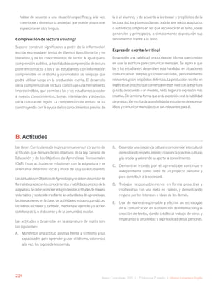 224 Bases Curriculares 2015 | 7° básico a 2° medio | Idioma Extranjero: Inglés
hablar de acuerdo a una situación específica; y, a la vez,
contribuye a disminuir la ansiedad que puede provocar el
expresarse en otra lengua.
Comprensión de lectura (reading)
Supone construir significados a partir de la información
escrita, expresada en textos de diversos tipos (literarios y no
literarios), y de los conocimientos del lector. Al igual que la
comprensión auditiva, la habilidad de comprensión de lectura
pone en contacto a los y las estudiantes con información
comprensible en el idioma y con modelos de lenguaje que
podrá utilizar luego en la producción escrita. El desarrollo
de la comprensión de lectura constituye una herramienta
imprescindible, que permite a las y los estudiantes acceder
a nuevos conocimientos, temas interesantes y aspectos
de la cultura del inglés. La comprensión de lectura se irá
construyendo con la ayuda de los conocimientos previos de
la o el alumno, y de acuerdo a las tareas y propósitos de la
lectura. Así, los y las estudiantes podrán leer textos adaptados
o auténticos simples en los que reconocerán el tema, ideas
generales y principales, o simplemente expresarán sus
sentimientos frente a lo leído.
Expresión escrita (writing)
Es también una habilidad productiva del idioma que consiste
en usar la escritura para comunicar mensajes. Se aspira a que
las y los estudiantes desarrollen esta habilidad en situaciones
comunicativas simples y contextualizadas, personalmente
relevantes y con propósitos definidos. La producción escrita en
inglés es un proceso que comienza en este nivel con la escritura
guiada, de acuerdo a un modelo, hasta llegar a la expresión más
creativa.Delamismaformaqueenlaexpresiónoral,lahabilidad
deproducciónescritadalaposibilidadalestudiantedeexpresar
ideas y comunicar mensajes que son relevantes para él.
B. Actitudes
Las Bases Curriculares de Inglés promueven un conjunto de
actitudes que derivan de los objetivos de la Ley General de
Educación y de los Objetivos de Aprendizaje Transversales
(OAT). Estas actitudes se relacionan con la asignatura y se
orientan al desarrollo social y moral de los y las estudiantes.
LasactitudessonObjetivosdeAprendizajeysedebendesarrollarde
formaintegradaconlosconocimientosyhabilidadespropiosdela
asignatura.Sedebepromoverellogrodeestasactitudesdemanera
sistemáticaysostenidamediantelasactividadesdeaprendizaje,
las interacciones en la clase, las actividades extraprogramáticas,
las rutinas escolares y, también, mediante el ejemplo y la acción
cotidiana de la o el docente y de la comunidad escolar.
Las actitudes a desarrollar en la asignatura de Inglés son
las siguientes:
A. Manifestar una actitud positiva frente a sí mismo y sus
capacidades para aprender y usar el idioma, valorando,
a la vez, los logros de los demás.
B. Desarrollarunaconcienciaculturalocomprensiónintercultural
demostrandorespeto,interésytoleranciaporotrasculturas
y la propia, y valorando su aporte al conocimiento.
C. Demostrar interés por el aprendizaje continuo e
independiente como parte de un proyecto personal y
para contribuir a la sociedad.
D. Trabajar responsablemente en forma proactiva y
colaborativa con una meta en común, y demostrando
respeto por los intereses e ideas de los demás.
E. Usar de manera responsable y efectiva las tecnologías
de la comunicación en la obtención de información y la
creación de textos, dando crédito al trabajo de otros y
respetando la propiedad y la privacidad de las personas.
 