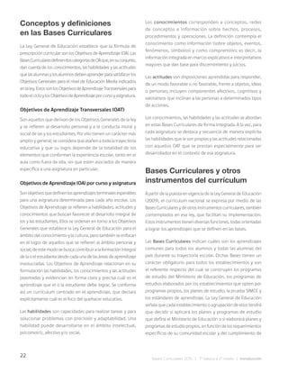22
Bases Curriculares 2015 | 7° básico a 2° medio | Introducción
Conceptos y definiciones
en las Bases Curriculares
La Ley General de Educación establece que la fórmula de
prescripción curricular son los Objetivos de Aprendizaje (OA). Las
BasesCurricularesdefinendoscategoríasdeOAque,ensuconjunto,
dan cuenta de los conocimientos, las habilidades y las actitudes
quelasalumnasylosalumnosdebenaprenderparasatisfacerlos
Objetivos Generales para el nivel de Educación Media indicados
enlaley.EstossonlosObjetivosdeAprendizajeTransversalespara
todoelcicloylosObjetivosdeAprendizajeporcursoyasignatura.
Objetivos de Aprendizaje Transversales (OAT)
Son aquellos que derivan de los Objetivos Generales de la ley
y se refieren al desarrollo personal y a la conducta moral y
social de las y los estudiantes. Por ello tienen un carácter más
amplio y general; se considera que atañen a toda la trayectoria
educativa y que su logro depende de la totalidad de los
elementos que conforman la experiencia escolar, tanto en el
aula como fuera de ella, sin que estén asociados de manera
específica a una asignatura en particular.
Objetivos de Aprendizaje (OA) por curso y asignatura
Sonobjetivosquedefinenlosaprendizajesterminalesesperables
para una asignatura determinada para cada año escolar. Los
Objetivos de Aprendizaje se refieren a habilidades, actitudes y
conocimientos que buscan favorecer el desarrollo integral de
los y las estudiantes. Ellos se ordenan en torno a los Objetivos
Generales que establece la Ley General de Educación para el
ámbito del conocimiento y la cultura, pero también se enfocan
en el logro de aquellos que se refieren al ámbito personal y
social; de este modo se busca contribuir a la formación integral
de la o el estudiante desde cada una de las áreas de aprendizaje
involucradas. Los Objetivos de Aprendizaje relacionan en su
formulación las habilidades, los conocimientos y las actitudes
plasmadas y evidencian en forma clara y precisa cuál es el
aprendizaje que el o la estudiante debe lograr. Se conforma
así un currículum centrado en el aprendizaje, que declara
explícitamente cuál es el foco del quehacer educativo.
Las habilidades son capacidades para realizar tareas y para
solucionar problemas con precisión y adaptabilidad. Una
habilidad puede desarrollarse en el ámbito intelectual,
psicomotriz, afectivo y/o social.
Los conocimientos corresponden a conceptos, redes
de conceptos e información sobre hechos, procesos,
procedimientos y operaciones. La definición contempla el
conocimiento como información (sobre objetos, eventos,
fenómenos, símbolos) y como comprensión; es decir, la
información integrada en marcos explicativos e interpretativos
mayores que dan base para discernimiento y juicios.
Las actitudes son disposiciones aprendidas para responder,
de un modo favorable o no favorable, frente a objetos, ideas
o personas; incluyen componentes afectivos, cognitivos y
valorativos que inclinan a las personas a determinados tipos
de acciones.
Los conocimientos, las habilidades y las actitudes se abordan
en estas Bases Curriculares de forma integrada. A la vez, para
cada asignatura se destaca y secuencia de manera explícita
las habilidades que le son propias y las actitudes relacionadas
con aquellos OAT que se prestan especialmente para ser
desarrollados en el contexto de esa asignatura.
Bases Curriculares y otros
instrumentos del currículum
A partir de la puesta en vigencia de la Ley General de Educación
(2009), el currículum nacional se expresa por medio de las
Bases Curriculares y de otros instrumentos curriculares, también
contemplados en esa ley, que facilitan su implementación.
Estos instrumentos tienen diversas funciones, todas orientadas
a lograr los aprendizajes que se definen en las bases.
Las Bases Curriculares indican cuáles son los aprendizajes
comunes para todos los alumnos y todas las alumnas del
país durante su trayectoria escolar. Dichas Bases tienen un
carácter obligatorio para todos los establecimientos y son
el referente respecto del cual se construyen los programas
de estudio del Ministerio de Educación, los programas de
estudios elaborados por los establecimientos que opten por
programas propios, los planes de estudio, la prueba SIMCE y
los estándares de aprendizaje. La Ley General de Educación
señala que cada establecimiento o agrupación de ellos tendrá
que decidir si aplicará los planes y programas de estudio
que defina el Ministerio de Educación o si elaborará planes y
programas de estudio propios, en función de los requerimientos
específicos de su comunidad escolar y del cumplimiento de
 
