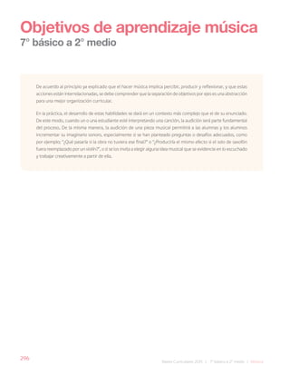 296
Bases Curriculares 2015 | 7° básico a 2° medio | Música
Objetivos de aprendizaje música
7° básico a 2° medio
De acuerdo al principio ya explicado que el hacer música implica percibir, producir y reflexionar, y que estas
acciones están interrelacionadas, se debe comprender que la separación de objetivos por ejes es una abstracción
para una mejor organización curricular.
En la práctica, el desarrollo de estas habilidades se dará en un contexto más complejo que el de su enunciado.
De este modo, cuando un o una estudiante esté interpretando una canción, la audición será parte fundamental
del proceso. De la misma manera, la audición de una pieza musical permitirá a las alumnas y los alumnos
incrementar su imaginario sonoro, especialmente si se han planteado preguntas o desafíos adecuados, como
por ejemplo; “¿Qué pasaría si la obra no tuviera ese final?” o “¿Produciría el mismo efecto si el solo de saxofón
fuera reemplazado por un violín?”, o si se los invita a elegir alguna idea musical que se evidencie en lo escuchado
y trabajar creativamente a partir de ella.
 