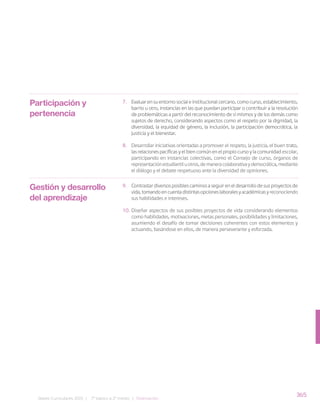 365
Bases Curriculares 2015 | 7° básico a 2° medio | Orientación
Participación y
pertenencia
Gestión y desarrollo
del aprendizaje
7. Evaluar en su entorno social e institucional cercano, como curso, establecimiento,
barrio u otro, instancias en las que puedan participar o contribuir a la resolución
de problemáticas a partir del reconocimiento de sí mismos y de los demás como
sujetos de derecho, considerando aspectos como el respeto por la dignidad, la
diversidad, la equidad de género, la inclusión, la participación democrática, la
justicia y el bienestar.
8. Desarrollar iniciativas orientadas a promover el respeto, la justicia, el buen trato,
las relaciones pacíficas y el bien común en el propio curso y la comunidad escolar,
participando en instancias colectivas, como el Consejo de curso, órganos de
representaciónestudiantiluotros,demaneracolaborativaydemocrática,mediante
el diálogo y el debate respetuoso ante la diversidad de opiniones.
9. Contrastar diversos posibles caminos a seguir en el desarrollo de sus proyectos de
vida,tomandoencuentadistintasopcioneslaboralesyacadémicasyreconociendo
sus habilidades e intereses.
10. Diseñar aspectos de sus posibles proyectos de vida considerando elementos
como habilidades, motivaciones, metas personales, posibilidades y limitaciones,
asumiendo el desafío de tomar decisiones coherentes con estos elementos y
actuando, basándose en ellos, de manera perseverante y esforzada.
 