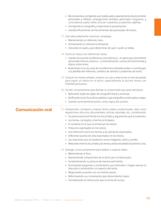 59
Bases Curriculares 2015 | 7° básico a 2° medio | Lengua y Literatura
• Reconociendoycorrigiendousosinadecuados,especialmentedepronombres
personales y reflejos, conjugaciones verbales, participios irregulares, y
concordancia sujeto-verbo, artículo-sustantivo y sustantivo-adjetivo.
• Corrigiendo la ortografía y mejorando la presentación.
• Usando eficazmente las herramientas del procesador de textos.
17. Usar adecuadamente oraciones complejas:
• Manteniendo un referente claro.
• Conservando la coherencia temporal.
• Ubicando el sujeto, para determinar de qué o quién se habla.
18. Construir textos con referencias claras:
• Usandorecursosdecorreferenciacomodeícticos—enparticular,pronombres
personales tónicos y átonos— y nominalización, sustitución pronominal y
elipsis, entre otros.
• Analizando si los recursos de correferencia utilizados evitan o contribuyen
a la pérdida del referente, cambios de sentido o problemas de estilo.
19. Conocer los modos verbales, analizar sus usos y seleccionar el más apropiado
para lograr un efecto en el lector, especialmente al escribir textos con
finalidad persuasiva.
20. Escribir correctamente para facilitar la comprensión por parte del lector:
• Aplicando todas las reglas de ortografía literal y acentual.
• Verificando la escritura de las palabras cuya ortografía no está sujeta a reglas.
• Usando correctamente punto, coma, raya y dos puntos.
21. Comprender, comparar y evaluar textos orales y audiovisuales, tales como
exposiciones, discursos, documentales, noticias, reportajes, etc., considerando:
• Su postura personal frente a lo escuchado y argumentos que la sustenten.
• Los temas, conceptos o hechos principales.
• El contexto en el que se enmarcan los textos.
• Prejuicios expresados en los textos.
• Una distinción entre los hechos y las opiniones expresados.
• Diferentes puntos de vista expresados en los textos.
• Las relaciones que se establecen entre imágenes, texto y sonido.
• Relacionesentreloescuchadoylostemasyobrasestudiadosduranteelcurso.
22. Dialogar constructivamente para debatir o explorar ideas:
• Manteniendo el foco.
• Demostrando comprensión de lo dicho por el interlocutor.
• Fundamentando su postura de manera pertinente.
• Formulando preguntas o comentarios que estimulen o hagan avanzar la
discusión o profundicen un aspecto del tema.
• Negociando acuerdos con los interlocutores.
• Reformulando sus comentarios para desarrollarlos mejor.
• Considerando al interlocutor para la toma de turnos.
Comunicación oral
 