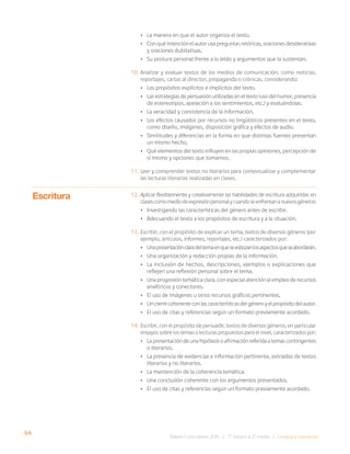 64
Bases Curriculares 2015 | 7° básico a 2° medio | Lengua y Literatura
• La manera en que el autor organiza el texto.
• Con qué intención el autor usa preguntas retóricas, oraciones desiderativas
y oraciones dubitativas.
• Su postura personal frente a lo leído y argumentos que la sustentan.
10. Analizar y evaluar textos de los medios de comunicación, como noticias,
reportajes, cartas al director, propaganda o crónicas, considerando:
• Los propósitos explícitos e implícitos del texto.
• Las estrategias de persuasión utilizadas en el texto (uso del humor, presencia
de estereotipos, apelación a los sentimientos, etc.) y evaluándolas.
• La veracidad y consistencia de la información.
• Los efectos causados por recursos no lingüísticos presentes en el texto,
como diseño, imágenes, disposición gráfica y efectos de audio.
• Similitudes y diferencias en la forma en que distintas fuentes presentan
un mismo hecho.
• Qué elementos del texto influyen en las propias opiniones, percepción de
sí mismo y opciones que tomamos.
11. Leer y comprender textos no literarios para contextualizar y complementar
las lecturas literarias realizadas en clases.
12. Aplicar flexiblemente y creativamente las habilidades de escritura adquiridas en
clasescomomediodeexpresiónpersonalycuandoseenfrentananuevosgéneros:
• Investigando las características del género antes de escribir.
• Adecuando el texto a los propósitos de escritura y a la situación.
13. Escribir, con el propósito de explicar un tema, textos de diversos géneros (por
ejemplo, artículos, informes, reportajes, etc.) caracterizados por:
• Unapresentaciónclaradeltemaenqueseesbozanlosaspectosqueseabordarán.
• Una organización y redacción propias de la información.
• La inclusión de hechos, descripciones, ejemplos o explicaciones que
reflejen una reflexión personal sobre el tema.
• Una progresión temática clara, con especial atención al empleo de recursos
anafóricos y conectores.
• El uso de imágenes u otros recursos gráficos pertinentes.
• Uncierrecoherenteconlascaracterísticasdelgéneroyelpropósitodelautor.
• El uso de citas y referencias según un formato previamente acordado.
14. Escribir, con el propósito de persuadir, textos de diversos géneros, en particular
ensayos sobre los temas o lecturas propuestos para el nivel, caracterizados por:
• La presentación de una hipótesis o afirmación referida a temas contingentes
o literarios.
• La presencia de evidencias e información pertinente, extraídas de textos
literarios y no literarios.
• La mantención de la coherencia temática.
• Una conclusión coherente con los argumentos presentados.
• El uso de citas y referencias según un formato previamente acordado.
Escritura
 