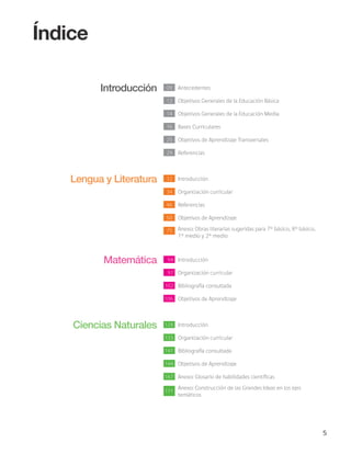 5
Índice
Introducción 09 Antecedentes
12 Objetivos Generales de la Educación Básica
14 Objetivos Generales de la Educación Media
16 Bases Curriculares
25 Objetivos de Aprendizaje Transversales
29 Referencias
Lengua y Literatura 32 Introducción
34 Organización curricular
46 Referencias
50 Objetivos de Aprendizaje
75 Anexo: Obras literarias sugeridas para 7° básico, 8° básico,
1° medio y 2° medio
Matemática 94 Introducción
97 Organización curricular
102 Bibliografía consultada
106 Objetivos de Aprendizaje
Ciencias Naturales 128 Introducción
133 Organización curricular
141 Bibliografía consultada
144 Objetivos de Aprendizaje
167 Anexo: Glosario de habilidades científicas
171
Anexo: Construcción de las Grandes Ideas en los ejes
temáticos
 
