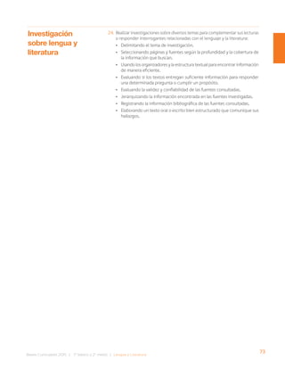 73
Bases Curriculares 2015 | 7° básico a 2° medio | Lengua y Literatura
24. Realizar investigaciones sobre diversos temas para complementar sus lecturas
o responder interrogantes relacionadas con el lenguaje y la literatura:
• Delimitando el tema de investigación.
• Seleccionando páginas y fuentes según la profundidad y la cobertura de
la información que buscan.
• Usando los organizadores y la estructura textual para encontrar información
de manera eficiente.
• Evaluando si los textos entregan suficiente información para responder
una determinada pregunta o cumplir un propósito.
• Evaluando la validez y confiabilidad de las fuentes consultadas.
• Jerarquizando la información encontrada en las fuentes investigadas.
• Registrando la información bibliográfica de las fuentes consultadas.
• Elaborando un texto oral o escrito bien estructurado que comunique sus
hallazgos.
Investigación
sobre lengua y
literatura
 