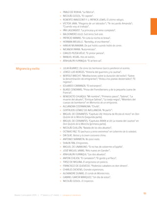 91
Bases Curriculares 2015 | 7° básico a 2° medio | Lengua y Literatura
•
• Pablo de Rokha. “La fábrica”.
•
• Nicolás Gogol. “El capote”.
•
• Roberto Innocenti y J. Patrick Lewis. El último refugio.
•
• Víctor Jara. “Plegaria de un labrador”; ”Te recuerdo Amanda”;
“Cuando voy al trabajo”.
•
• Pär Lagerkvist. “La princesa y el reino completo”.
•
• Baldomero Lillo. Sub terra; Sub sole.
•
• Patricio Manns. “En Lota la noche es brava”.
•
• Herman Melville. “Bartelby, el escribiente”.
•
• Haruki Murakami. De qué hablo cuando hablo de correr.
•
• Nicanor Parra. “Autorretrato”.
•
• Carlos Pezoa Véliz. “El pintor pereza”.
•
• Manuel Rojas. Hijo de ladrón.
•
• Atahualpa Yupanqui. “El arriero va”.
•
• Julia Álvarez. De cómo las hermanas García perdieron el acento.
•
• Jorge Luis Borges. “Historia del guerrero y la cautiva”.
•
• Bertolt Brecht. “Meditaciones sobre la duración del exilio”; “Sobre
la denominación de emigrantes”; “Visita a los poetas desterrados”; “El
regreso”.
•
• Eduardo Carranza. “El extranjero”.
•
• Blaise Cendrars. “Prosa del Transiberiano y de la pequeña Juana de
Francia”.
•
• Benedicto Chuaqui. “Mi nombre”, “Primeros pasos”, “Sabina”, “La
muerte del abuelo”, “Enrique Salinas”, “La oveja negra”, “Miembro del
cuerpo de bomberos” en Memorias de un emigrante.
•
• Alejandra Costamagna. “Chufa”.
•
• Gertrudis Gómez de Avellaneda. “Al partir”.
•
• Miguel de Cervantes. “Capítulo LIV: Historia de Ricote el moro” en Don
Quijote de la Mancha [segunda parte].
•
• Miguel de Cervantes. “Capítulos XXXIX al LII: La novela del cautivo” en
Don Quijote de la Mancha [primera parte].
•
• Nicolás Guillén. “Balada de los dos abuelos”.
•
• Octavio Paz. “El pachuco y otros extremos” en Laberinto de la soledad.
•
• Dai Sijie. Balzac y la joven costurera china.
•
• Antonio Skármeta. No pasó nada.
•
• Shaun Tan. Emigrantes.
•
• Miguel de Unamuno. “Si no has de volverme a España”.
•
• José Miguel Varas. “Año nuevo en Gander”.
•
• Atahualpa Yupanqui. “Los dos abuelos”.
•
• Anton Chejov. “El camaleón”; “El gordo y el flaco”.
•
• Tirso de Molina. El vergonzoso en palacio.
•
• Francisco de Quevedo. “Poderoso caballero es don dinero”.
•
• Charles Dickens. Grandes esperanzas.
•
• Alexandre Dumas. El conde de Montecristo.
•
• Gabriel García Márquez. “Un día de estos”.
•
• Nicolás Gogol. El inspector.
Migrancia y exilio
 