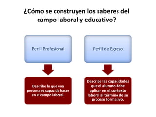 ¿Cómo se construyen los saberes del
campo laboral y educativo?
Perfil Profesional
Describe lo que una
persona es capaz de hacer
en el campo laboral.
Perfil de Egreso
Describe las capacidades
que el alumno debe
aplicar en el contexto
laboral al término de su
proceso formativo.
 