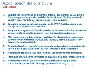 1. Cumplir con la demanda de desarrollo integral del alumno. La LGE define
Objetivos generales para la totalidad de la EM, en el “ámbito personal y
social” y en el “ámbito del conocimiento y de la cultura”.
2. Cumplir los dos propósitos declarados de la EMTP: facilitar acceso a un
trabajo inicial y a continuar estudios .
3. Asegurar a los egresados TP y HC equidad en las oportunidades curriculares
de acceso a la educación superior, ya sea universitaria o técnica.
4. Más espacio para la formación general: facilita el aprendizaje continuo y
autónomo de contenidos técnicos y no técnicos, permite actualizarse y
favorece la empleabilidad.
5. Actualización de las especialidades: manejo de tecnologías, conocimiento
de normativa, estándares de calidad (nacionales e internacionales).
6. Flexibilidad: Especialidades más flexibles, con estructura de menciones.
7. Promover y fortalecer la formación en lugares de trabajo (prácticas y dual).
8. Habilidades blandas (hábitos de trabajo, trabajo en equipo, ética,
comunicación, prevención de riesgos, emprendimiento) .
6
Actualización del currículum
CRITERIOS
 