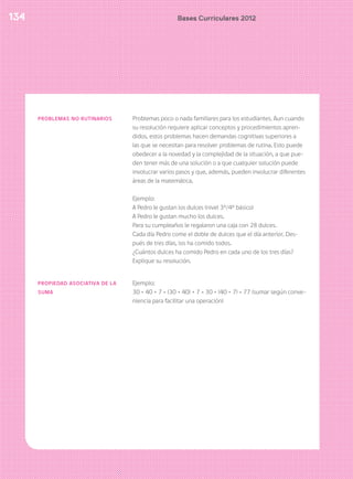 134
PROBLEMAS NO RUTINARIOS Problemas poco o nada familiares para los estudiantes. Aun cuando
su resolución requiere aplicar conceptos y procedimientos apren-
didos, estos problemas hacen demandas cognitivas superiores a
las que se necesitan para resolver problemas de rutina. Esto puede
obedecer a la novedad y la complejidad de la situación, a que pue-
den tener más de una solución o a que cualquier solución puede
involucrar varios pasos y que, además, pueden involucrar diferentes
áreas de la matemática.
Ejemplo:
A Pedro le gustan los dulces (nivel 3º/4º básico)
A Pedro le gustan mucho los dulces.
Para su cumpleaños le regalaron una caja con 28 dulces.
Cada día Pedro come el doble de dulces que el día anterior. Des-
pués de tres días, los ha comido todos.
¿Cuántos dulces ha comido Pedro en cada uno de los tres días?
Explique su resolución.
PROPIEDAD ASOCIATIVA DE LA
SUMA
Ejemplo:
30 + 40 + 7 = (30 + 40) + 7 = 30 + (40 + 7) = 77 (sumar según conve-
niencia para facilitar una operación)
Bases Curriculares 2012
 