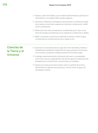 Bases Curriculares 2012174
12 Explicar, a partir de modelos, que la materia está formada por partículas en
movimiento en sus estados sólido, líquido y gaseoso.
13 Demostrar, mediante la investigación experimental, los cambios de estado
de la materia, como fusión, evaporación, ebullición, condensación, solidifi-
cación y sublimación.
14 Diferenciar entre calor y temperatura, considerando que el calor es una
forma de energía y la temperatura es la medida de lo caliente de un objeto.
15 Medir e interpretar la información obtenida al calentar y enfriar el agua,
considerando las transformaciones de un estado a otro.
Ciencias de
la Tierra y el
Universo
16 Describir las características de las capas de la Tierra (atmósfera, litósfera e
hidrósfera) que posibilitan el desarrollo de la vida y proveen recursos para
el ser humano, y proponer medidas de protección de dichas capas.
17 Investigar experimentalmente la formación del suelo, sus propiedades
(como color, textura y capacidad de retención de agua) y la importancia de
protegerlo de la contaminación, comunicando sus resultados.
18 Explicar las consecuencias de la erosión sobre la superficie de la Tierra,
identificando los agentes que la provocan, como el viento, el agua y las
actividades humanas.
 