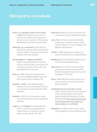 Historia, Geografía y Ciencias Sociales 189
Bibliografía consultada
ADLER, S. A., & NATIONAL COUNCIL FOR THE SOCIAL
STUDIES (2010). National curriculum stan-
dards for social studies: A framework for tea-
ching, learning and assessment. Silver Spring,
Md: National Council for the Social Studies.
ANDERSON, L. W., & KRATHWOHL, D. (Ed.) (2001). A
taxonomy for Learning, Teaching and Assessing:
A revision of Bloom´s Taxonomy of Educational
Objectives. New York: Longman.
AREYUNA IBARRA, B. Y GONZÁLEZ CALDERÓN, F.
(2004). Contextualizando el curriculum de
historia y ciencias sociales: la comunidad local,
un territorio de saberes para la escuela. San-
tiago: Ministerio de Educación.
ARTOLA, T. (2005). Situaciones cotidianas de 6 a
12 años. 4ª ed. Madrid: Palabra. (Colección
Hacer Familia, Educar en Valores, 53).
BENEJAM, P. Y PAGÉS, J. (Ed.) (2002). Enseñar y
aprender ciencias sociales, geografía e historia
en la educación secundaria. Barcelona: Edito-
rial Horsori.
BENEJAM, P. (2002). Las ciencias sociales: concep-
ciones y procedimientos. Caracas: Laboratorio
Educativo.
BLANCH, J. P., & FERNANDEZ, A. S. (September 01,
2010). La enseñanza y el aprendizaje del
tiempo histórico en la educación primaria.
Cadernos Cedes, 30, 82, 281-309.
CARRETERO, M. (2002). Construir y enseñar las cien-
cias sociales y la historia. Buenos Aires, Aique.
CHILE (2004). Formación ciudadana: Actividades
de apoyo para el profesor, historia y ciencias
sociales 1º básico a 4º medio. Santiago, Chile:
Ministerio de Educación.
COOPER, H. (2002). Didáctica de la historia en la
educación infantil y primaria. Madrid: Morata.
DOMÍNGUEZ, M. C. (Coord.) (2004). Didáctica de las
Ciencias Sociales. Madrid: Pearson.
DUNN, J.M. (March 01, 2011). Location Knowled-
ge: Assessment, Spatial Thinking, and New
National Geography Standards. En Journal of
Geography, 110: 81-89.
EGAN, K. (2000). Mentes educadas. Cultura, instru-
mentos cognitivos y formas de comprensión.
Barcelona: Paidós.
ESPAÑA MINISTERIO DE EDUCACIÓN Y CULTURA
(2010). Estudio internacional sobre educación
cívica y ciudadanía. Marco de Evaluación.
España: Ministerio de Educación y Cultura.
Recuperado de: http://www.educacion.gob.
es/dctm/ievaluacion/internacional/iccs-
libro-completo-11.11.2010.pdf
HERNÁNDEZ, F. X. (2007). Didáctica de las ciencias
sociales, geografía e historia. Barcelona: Graó.
Bibliografía consultada
 