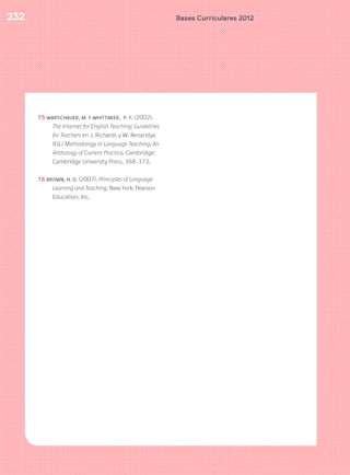 Bases Curriculares 2012232
15 WARSCHAUER, M. Y WHITTAKER, P. F. (2002).
The Internet for English Teaching: Guidelines
for Teachers en J. Richards y W. Renandya
(Ed.) Methodology in Language Teaching: An
Anthology of Current Practice. Cambridge:
Cambridge University Press, 368-373.
16 BROWN, H. D. (2007). Principles of Language
Learning and Teaching. New York: Pearson
Education, Inc.
 