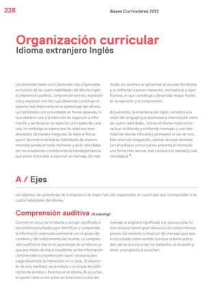Bases Curriculares 2012228
Los objetivos de aprendizaje de la asignatura de inglés han sido organizados en cuatro ejes que corresponden a las
cuatro habilidades del idioma.
Organización curricular
Idioma extranjero Inglés
A / Ejes
Consiste en escuchar el idioma y otorgar significado a
los sonidos escuchados para identificar y comprender
la información expresada oralmente con el apoyo del
contexto y del conocimiento del mundo. La compren-
sión auditiva es vital en el aprendizaje de un idioma ya
que por medio de ella el estudiante recibe información
comprensible (comprehensible input) necesaria para
luego desarrollar la interacción en la clase. El desarro-
llo de esta habilidad no se reduce a la simple decodifi-
cación de sonidos o fonemas en el idioma. Al escuchar,
el oyente tiene un rol activo en la reconstrucción del
mensaje al asignarle significado a lo que escucha. En
este proceso tienen gran relevancia los conocimientos
previos del contexto y situación del mensaje para que
lo escuchado cobre sentido (conocer el tema acerca
del cual se va a escuchar, los hablantes, la situación y
tener un propósito al escuchar).
Las presentes bases curriculares han sido organizadas
en función de las cuatro habilidades del idioma inglés
(comprensión auditiva, comprensión lectora, expresión
oral y expresión escrita) cuyo desarrollo constituye el
aspecto más importante en el aprendizaje del idioma.
Las habilidades son presentadas en forma separada, lo
que obedece solo a la intención de organizar la infor-
mación y así destacar los aspectos principales de cada
una, sin embargo se espera que los objetivos sean
abordados de manera integrada. Se debe enfatizar
que el docente enseñará las habilidades de manera
interrelacionada en todo momento y serán abordadas
por los estudiantes considerando la interdependencia
que existe entre ellas al expresar un mensaje. De este
modo, los alumnos se aproximan al uso real del idioma
y se enfrentan a tareas relevantes, motivadoras y signi-
ficativas, lo que contribuye a desarrollar mayor fluidez
en la expresión y la comprensión.
Actualmente, la enseñanza del inglés considera una
visión del lenguaje que promueve la interrelación entre
las cuatro habilidades. Utilizar el idioma implica inte-
ractuar recibiendo y emitiendo mensajes y una habi-
lidad del idioma reforzará y promoverá el uso de otra.
Esta visión de integración, además de estar alineada
con el enfoque comunicativo, presenta el idioma de
una forma más natural, más cercana a la realidad y más
motivadora16
.
Comprensión auditiva (listening)
 