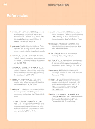Bases Curriculares 201244
1 GUTHRIE, J. T. Y WIGFIELD, A. (2000). Engagement
and motivation in reading. En Kamil, M.L.;
Mosenthal, P.B.; Pearson, P.D. y Barr, R. (Ed.)
Handbook of reading research: Volume III
(403-422). New York, Erlbaum.
2 VILLALÓN, M. (2008). Alfabetización inicial. Claves
de acceso a la lectura y escritura desde los pri-
meros meses de vida. Santiago, Ediciones UC.
3 CARREIRAS, M., ÁLVAREZ, C. Y DE VEGA, M. (1993).
Syllable frequency and visual word recognition
in Spanish. En Journal of Memory and Langua-
ge, 32, 766-780.
CARREIRAS, M., ÁLVAREZ, C. Y DE VEGA, M. (2000).
Syllable-frequency effect in visual word recog-
nition: evidence of sequential-type processing.
En Psicológica, 21, 341-374.
4 RASINSKI, T. V. Y HOFFMANN, J. V. (2003). Oral
reading in the school curriculum. En Reading
Research Quarterly, 38, 510-522.
5 STANOVICH, K. (2000). Concepts in developmental
theories of reading skill. En Progress in un-
derstanding reading. New York, The Guilford
Press.
CASTEJÓN, L., GONZÁLEZ-PUMARIEGA, S. Y CUE-
TOS, F. (2011). Adquisición de la fluidez en la
lectura de palabras en una muestra de niños
españoles: un estudio longitudinal. En Infan-
cia y Aprendizaje, 34 (1), 19-30.
6 KUHN, M. R. Y RASINSKI, T. (2007). Best practices in
fluency instruction. En Gambrell, L.B., Morrow
L. M. y Pressley, M. (Ed.). Best practices in
literacy instruction. New York, Guilford Press.
7 BAUMANN, J. F. Y KAME’ENUI, E. J. (2004). Voca-
bulary instruction: research to practice. New
York, The Guilford Press.
8 STAHL, S. Y NAGY, W. (2006). Teaching word
meanings. New Jersey, Erlbaum.
9 VILLALÓN, M. (2008). Alfabetización inicial. Claves
de acceso a la lectura y escritura desde los pri-
meros meses de vida. Santiago, Ediciones UC.
10 MARZANO, R. (2004). Building background
knowledge. Research on what works in schools.
Alexandria, ASCD.
11 HIRSCH, E. D. (2004). La comprensión lectora
requiere conocimiento de vocabulario y del
mundo. En Estudios Públicos, 108, 2007.
http://www.cepchile.cl/dms/lang_1/
doc_4060.html
12 MULLIS, I. V. S., KENNEDY, A. M., MARTIN, M. O. Y
SAINSBURY, M. (2006). PIRLS 2006 assessment
framework and specifications, (2nd
ed.).
Chestnut Hill, MA., Boston College.
Referencias
 