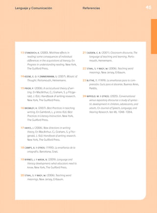Lenguaje y Comunicación 45Referencias
13 STANOVICH, K. (2000). Matthew effects in
reading: some consequences of individual
differences in the acquisitions of literacy. En
Progress in understanding reading. New York,
The Guilford Press.
14 KEENE, E. O. Y ZIMMERMANN, S. (2007). Mosaic of
Thought. Portsmouth, Heinemann.
15 PRIOR, P. (2006). A sociocultural theory of wri-
ting. En MacArthur, C.; Graham, S. y Fitzge-
rald, J. (Ed.). Handbook of writing research.
New York, The Guilford Press.
16 BROMLEY, K. (2007). Best Practices in teaching
writing. En Gambrell, L. y otros (Ed.) Best
Practices in Literacy Instruction. New York,
The Guilford Press.
17 HAYES, J. (2006). New directions in writing
theory. En MacArthur, C.; Graham, S. y Fitz-
gerald, J. (Ed.) Handbook of writing research.
New York, The Guilford Press.
18 CAMPS, A. Y OTROS. (1990). La enseñanza de la
ortografía. Barcelona, Graó.
19 BYRNES, J. Y WASIK, B. (2009). Language and
literacy development: what educators need to
know. New York, The Guilford Press.
20 STAHL, S. Y NAGY, W. (2006). Teaching word
meanings. New Jersey, Erlbaum.
21 CAZDEN, C. B. (2001). Classroom discourse. The
language of teaching and learning. Ports-
mouth, Heinemann.
22 STAHL, S. Y NAGY, W. (2006). Teaching word
meanings. New Jersey, Erlbaum.
23 BLYTHE, T. (1999). La enseñanza para la com-
prensión. Guía para el docente. Buenos Aires,
Paidós.
24 NIPPOLD. M. Y OTROS. (2005). Conversational
versus expository discourse: a study of syntac-
tic development in children, adolescents, and
adults. En Journal of Speech, Language, and
Hearing Research. Vol 48, 1048-1064.
 