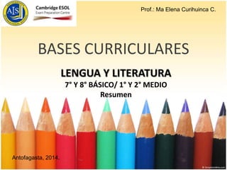 Prof.: Ma Elena Curihuinca C.

BASES CURRICULARES
LENGUA Y LITERATURA
7° Y 8° BÁSICO/ 1° Y 2° MEDIO
Resumen

Antofagasta, 2014.

 
