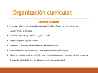 1. Promover el bienestar integral de los párvulos, la identificación y valoración de sus
características personales.
2. Favorecer aprendizajes oportunos y con sentido.
3. Propiciar aprendizajes de calidad.
4. Potenciar la participación de la familia y de la comunidad.
5. Facilitar la transición de la niña y el niño a la Educación General Básica.
6. Generar experiencias de aprendizajes que propicie valores como la verdad, justicia, respeto a
los demás, solidaridad, libertad, belleza y sentido de nacionalidad.
 