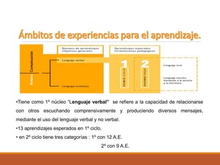 •Tiene como 1º núcleo “Lenguaje verbal” se refiere a la capacidad de relacionarse
con otros escuchando comprensivamente y produciendo diversos mensajes,
mediante el uso del lenguaje verbal y no verbal.
•13 aprendizajes esperados en 1º ciclo.
• en 2º ciclo tiene tres categorías : 1º con 12 A.E.
2º con 9 A.E.
 