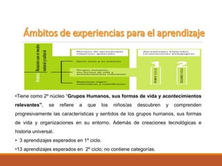 •Tiene como 2º núcleo “Grupos Humanos, sus formas de vida y acontecimientos
relevantes”, se refiere a que los niños/as descubren y comprenden
progresivamente las características y sentidos de los grupos humanos, sus formas
de vida y organizaciones en su entorno. Además de creaciones tecnológicas e
historia universal.
• 3 aprendizajes esperados en 1º ciclo.
•13 aprendizajes esperados en 2º ciclo; no contiene categorías.
 