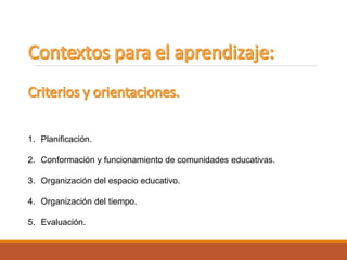 1. Planificación.
2. Conformación y funcionamiento de comunidades educativas.
3. Organización del espacio educativo.
4. Organización del tiempo.
5. Evaluación.
 