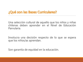 Una selección cultural de aquello que los niños y niñas
chilenas deben aprender en el Nivel de Educación
Parvularia.
Involucra una decisión respecto de lo que se espera
que los niños/as aprendan.
Son garantía de equidad en la educación.
 