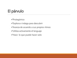El párvulo
Protagónico
Explora e indaga para descubrir
Avanza de acuerdo a sus propios ritmos
Utiliza activamente el lenguaje
Hace lo que puede hacer solo
 