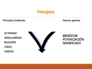 ACTIVIDAD
SINGULARIDAD
RELACIÓN
JUEGO
UNIDAD
BIENESTAR
POTENCIACIÓN
SIGNIFICADO
Principios fundantes Nuevos aportes
 