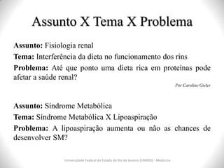 Assunto X Tema X Problema
Universidade Federal do Estado do Rio de Janeiro (UNIRIO) - Medicina
Assunto: Fisiologia renal
Tema: Interferência da dieta no funcionamento dos rins
Problema: Até que ponto uma dieta rica em proteínas pode
afetar a saúde renal?
Por Caroline Gieler
Assunto: Síndrome Metabólica
Tema: Síndrome Metabólica X Lipoaspiração
Problema: A lipoaspiração aumenta ou não as chances de
desenvolver SM?
 