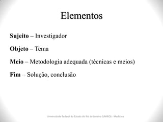 Elementos
Universidade Federal do Estado do Rio de Janeiro (UNIRIO) - Medicina
Sujeito – Investigador
Objeto – Tema
Meio – Metodologia adequada (técnicas e meios)
Fim – Solução, conclusão
 