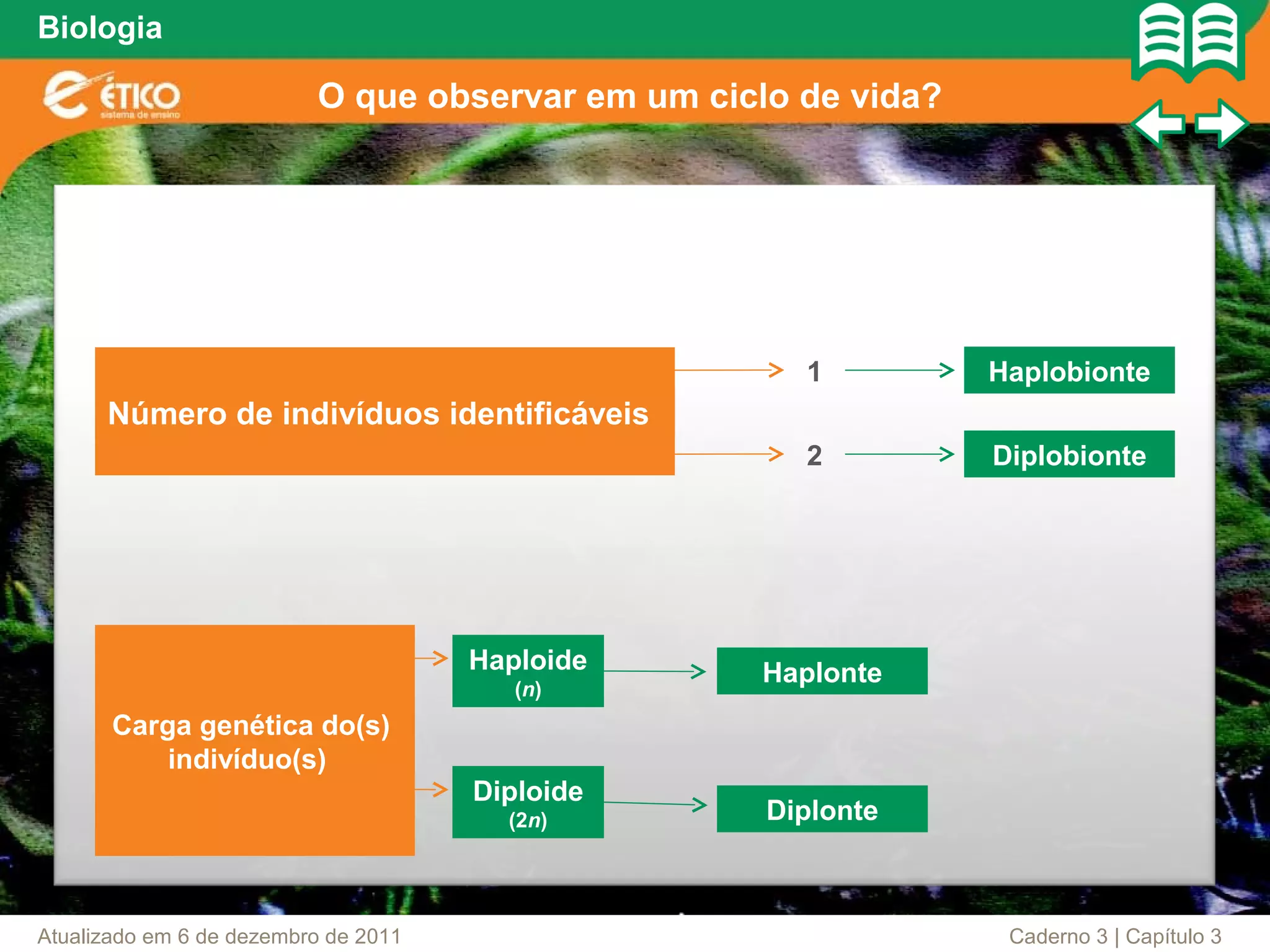 Biologia

                          O que observar em um ciclo de vida?




                                                     1          Haplobionte
      Número de indivíduos identificáveis
                                                     2          Diplobionte




                                      Haploide    Haplonte
                                         (n)
       Carga genética do(s)
           indivíduo(s)
                                      Diploide
                                        (2n)       Diplonte



Atualizado em 6 de dezembro de 2011                              Caderno 3 | Capítulo 3
 