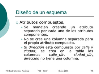 MC Beatriz Beltrán Martínez FCC - BUAP Otoño 2006 46
 Atributos compuestos.
 Se manejan creando un atributo
separado por cada uno de los atributos
componentes.
 No se crea una columna separada para
el propio atributo compuesto.
 Si dirección esta compuesto por calle y
ciudad; se crea en la tabla las
columnas calle_dir, ciudad_dir,
dirección no tiene una columna.
Diseño de un esquema
 