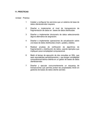11. PRÁCTICAS


Unidad Práctica

          1       Instalar y configurar los servicios que un sistema de base de
                  datos cliente/servidor requiere.

          2       Diseñar e implementar el nivel de transparencia de
                  fragmentación de datos en bases de datos distribuidas.

          3       Diseñar e implementar diccionario de datos seleccionando
                  alguna alternativa de asignación.

          4       Diseñar e implementar operaciones de actualización sobre
                  una base de datos distribuidas (insert, update y delete).

          5       Realizar pruebas de verificación de algoritmos de
                  fragmentación y distribución de datos, usando ejemplos que
                  impliquen poca complejidad computacional.

          6       Medir el tiempo de ejecución de dos consultas en SQL, que
                  sean equivalentes semánticamente y que tengan complejidad
                  computacional teórica distinta en un gestor de bases de datos
                  cliente/servidor.

          7       Diseñar y ejecutar concurrentemente un esquema de
                  transacciones que permita probar las propiedades ACID en
                  gestores de bases de datos cliente servidor.
 