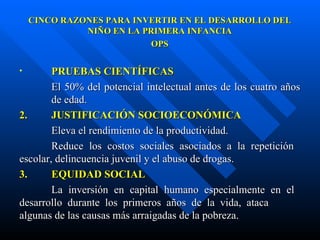 CINCO RAZONES PARA INVERTIR EN EL DESARROLLO DEL NIÑO EN LA PRIMERA INFANCIA OPS PRUEBAS CIENTÍFICAS El 50% del potencial intelectual antes de los cuatro años  de edad. 2. JUSTIFICACIÓN SOCIOECONÓMICA Eleva el rendimiento de la productividad. Reduce los costos sociales asociados a la repetición  escolar, delincuencia juvenil y el abuso de drogas. 3. EQUIDAD SOCIAL La inversión en capital humano especialmente en el  desarrollo durante los primeros años de la vida, ataca  algunas de las causas más arraigadas de la pobreza. 