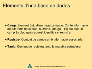 Elements d'una base de dades


● Camp: Element únic d'emmagatzematge. Conté informació
  de diferents tipus: text, numèric, imatge... Es diu que un
  camp és clau quan aquest identifica el registre.

● Registre: Conjunt de camps amb informació associada.

● Taula: Conjunt de registres amb la mateixa estructura.
 