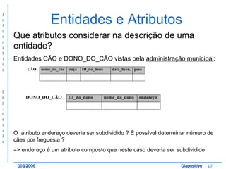 Entidades e Atributos Que atributos considerar na descrição de uma entidade?    Entidades CÃO e DONO_DO_CÃO vistas pela  administração municipal :  O  atributo endereço deveria ser subdividido ? É possível determinar número de cães por freguesia ? => endereço é um atributo composto que neste caso deveria ser subdividido 