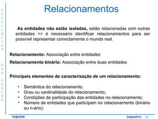 Relacionamentos As entidades não estão isoladas,  estão relacionadas com outras entidades => é necessário identificar relacionamentos para ser possível representar correctamente o mundo real. Relacionamento:  Associação entre entidades Relacionamento binário:  Associação entre duas entidades Principais elementos de caracterização de um relacionamento: Semântica do relacionamento; Grau ou cardinalidade do relacionamento; Condições de participação das entidades no relacionamento; Número de entidades que participam no relacionamento (binário ou n-ário); 